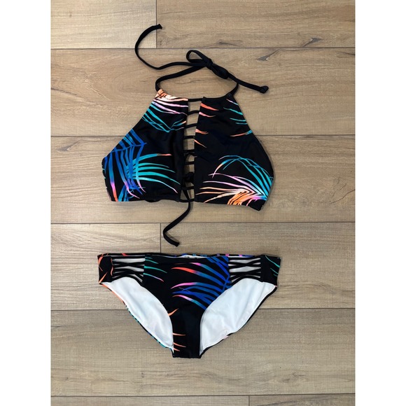 PINK Victoria's Secret Other - PINK Victoria's Secret Mini Bikini Set Women Medium Black Tropical Ladder Cutout